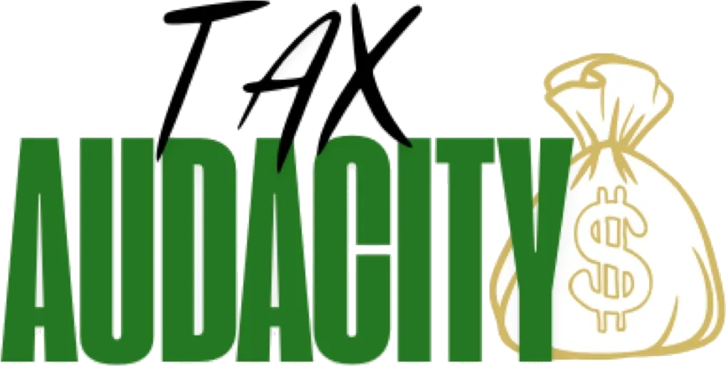 Tax Audacity logo — TAX script over AUDACITY with gold money bag