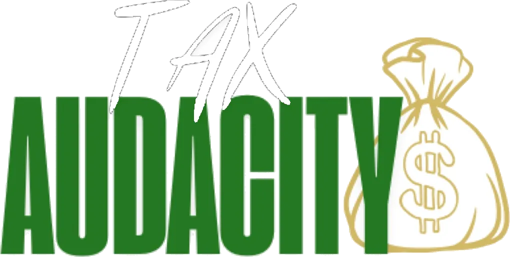 Tax Audacity logo — TAX script over AUDACITY with gold money bag