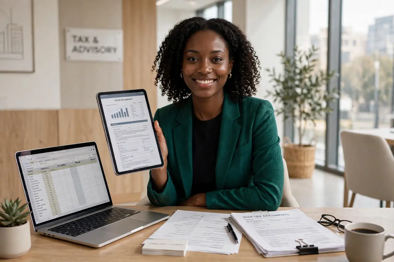Tax Audacity preparer smiling while holding a tablet with a tax return summary in a bright modern office
